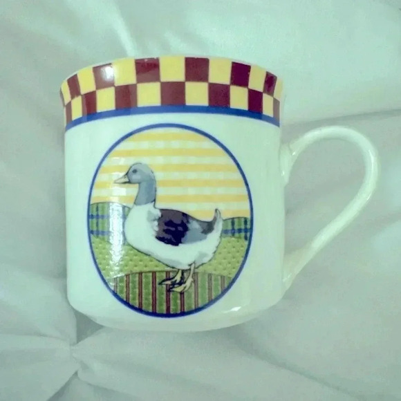 Vintage Goose Duck Bird Coffee Mug Cup Checkered Border 90’s Country Farmhouse - Picture 2 of 7